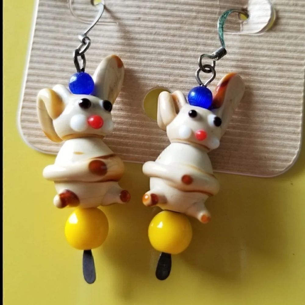 Artistic rabbit dangle earrings vintage funky quirky handmade fashion costume je